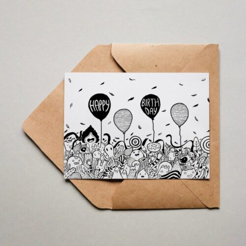 Postkarte - Happy Birthday doodle - quer