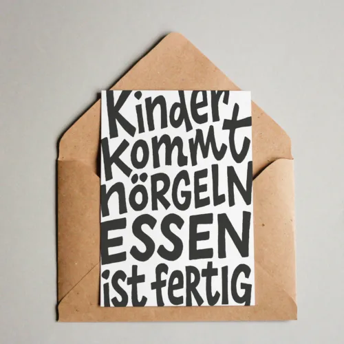 Postkarte - Kinder kommt nörgeln, Essen ist fertig